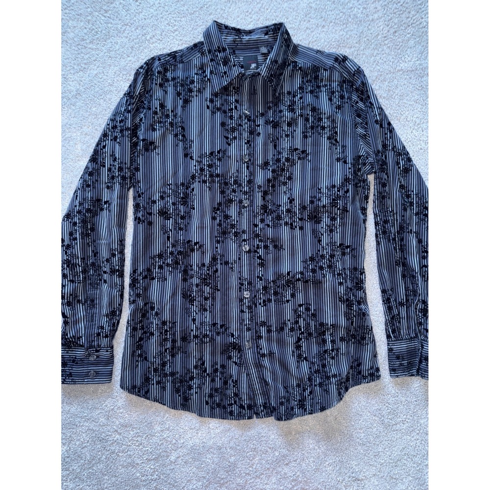 JF J.Ferrar Mens L Modern Fit Shirt Black Grey Striped Velvet Floral Flocked
